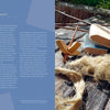 Fiber Craft Heritage by Schiffer Publishing, Ltd. features a bundle of flax fibers, a comb, spindle, and spinning tools displayed outdoors on wood with sunlight and greenery. Text about fiber identification is shown on the left side of the image.