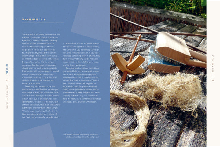 Fiber Craft Heritage by Schiffer Publishing, Ltd. features a bundle of flax fibers, a comb, spindle, and spinning tools displayed outdoors on wood with sunlight and greenery. Text about fiber identification is shown on the left side of the image.