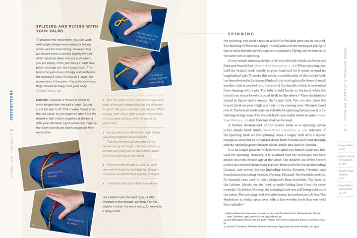 A photo guide in "Fiber Craft Heritage" by Schiffer Publishing, Ltd. shows hands splicing natural fibers with colored threads on blue fabric; the adjacent page has spinning text without images.