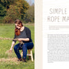 A woman hand-twists natural fibers into rope outdoors using traditional techniques, with finished ropes beside her. Text about simple rope making from Fiber Craft Heritage by Schiffer Publishing, Ltd. appears on the right.