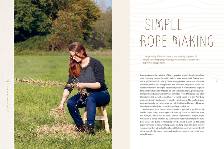 A woman hand-twists natural fibers into rope outdoors using traditional techniques, with finished ropes beside her. Text about simple rope making from Fiber Craft Heritage by Schiffer Publishing, Ltd. appears on the right.