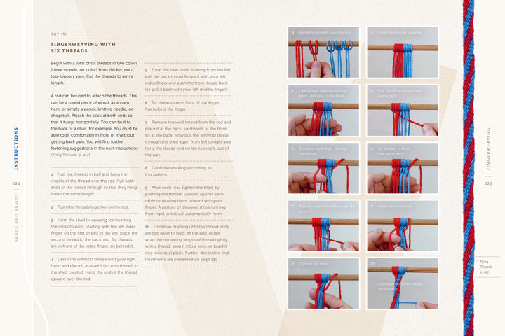 Fiber Craft Heritage from Schiffer Publishing, Ltd. offers a step-by-step fingerweaving tutorial with six threads, including written instructions and twelve photos showing hands weaving red and blue natural fiber yarn—a classic fiber art.