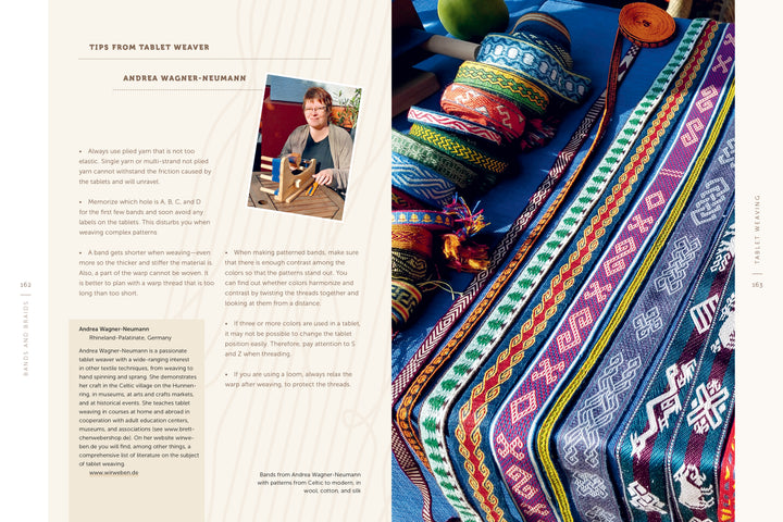 A woman demonstrates traditional weaving for "Fiber Craft Heritage" by Schiffer Publishing, Ltd., creating vibrant blue, red, and yellow patterned bands, with finished pieces and crafting tools displayed on a table.