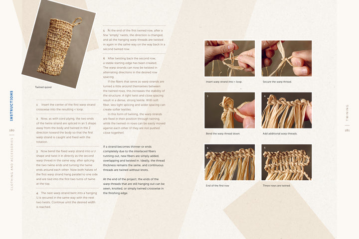 “Fiber Craft Heritage” by Schiffer Publishing, Ltd. features step-by-step illustrated instructions for making a twined quiver with natural fibers—written directions on the left, close-up process photos on the right.