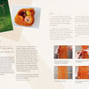 Fiber Craft Heritage by Schiffer Publishing, Ltd. offers a step-by-step sprang bag tutorial with traditional textile techniques, tool list, process photos, a wooden frame with orange yarn, and an image of the completed bag holding apples.