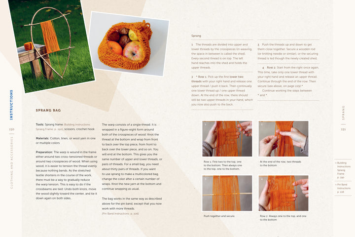 Fiber Craft Heritage by Schiffer Publishing, Ltd. offers a step-by-step sprang bag tutorial with traditional textile techniques, tool list, process photos, a wooden frame with orange yarn, and an image of the completed bag holding apples.
