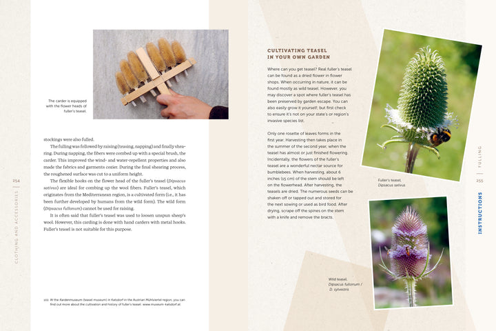 Fiber Craft Heritage by Schiffer Publishing, Ltd. features teasel with a comb tool photo and close-ups of green thorny and purple-flowered heads, plus gardening tips and insights into historical textile uses and techniques.