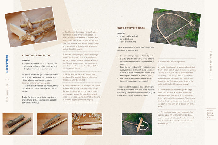 Fiber Craft Heritage by Schiffer Publishing, Ltd. is an instructional guide with photos and text on crafting a rope-twisting paddle and hook using carved wood, natural fibers, and twine, plus close-ups of the finished tools on wood.
