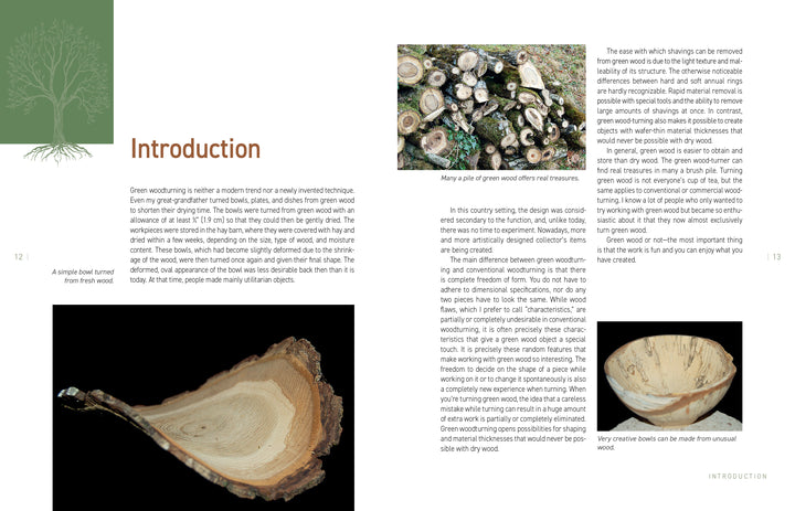 “Green Wood Turning” by Schiffer Publishing, Ltd. features a two-page spread for wood lathe beginners with photos of turned wooden bowls, raw wood slices, an intro to the craft, and a simple tree illustration on the left page.
