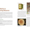 A textbook spread from "Green Wood Turning" by Schiffer Publishing, Ltd. explains wood as a living resource with labeled diagrams of tree trunks, annual rings, exposed roots, and gives tips on wood growth, properties, and turning green wood projects.