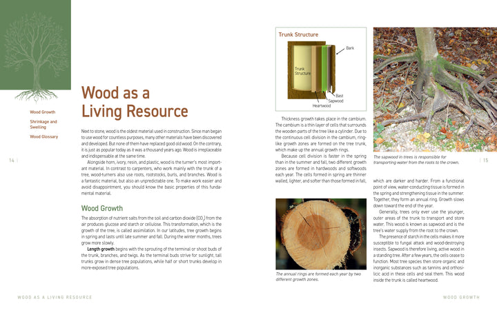 A textbook spread from "Green Wood Turning" by Schiffer Publishing, Ltd. explains wood as a living resource with labeled diagrams of tree trunks, annual rings, exposed roots, and gives tips on wood growth, properties, and turning green wood projects.