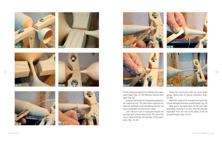 Schiffer Publishing, Ltd.’s "Green Wood Turning" offers a step-by-step photo guide for beginners, showing how to shape and hollow a long-stemmed wooden cup—an ideal introduction to woodturning projects with detailed close-ups of tools and progress.