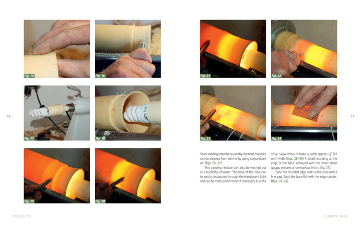 A step-by-step photo collage from Schiffer Publishing, Ltd.'s Green Wood Turning shows lathe techniques to shape a flower vase, featuring sanding, measuring, smoothing steps, and close-ups of a glowing heated section.