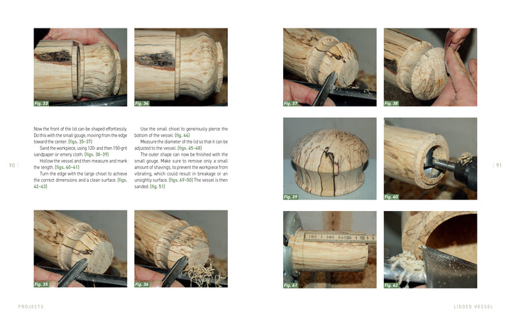 Green Wood Turning by Schiffer Publishing, Ltd. is a visual guide for wood lathe beginners, showing step-by-step how to shape, hollow, and fit a lid on a vessel with detailed photos, instructional text, and figure numbers.