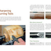 An open spread from "Green Wood Turning" by Schiffer Publishing, Ltd. shows sharpening tips for turning tools, with photos comparing sharp and dull chisel edges on a wood lathe—ideal for beginners—and explains hand vs. power sharpening effects.