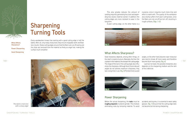 An open spread from "Green Wood Turning" by Schiffer Publishing, Ltd. shows sharpening tips for turning tools, with photos comparing sharp and dull chisel edges on a wood lathe—ideal for beginners—and explains hand vs. power sharpening effects.