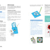 A spread from the Embroidery Handbook for Beginners by Schiffer Publishing, Ltd. showcases cross-stitch and embroidery guides, pattern tips, tote bag and floral examples, a color grid, and a red poppy project in progress.