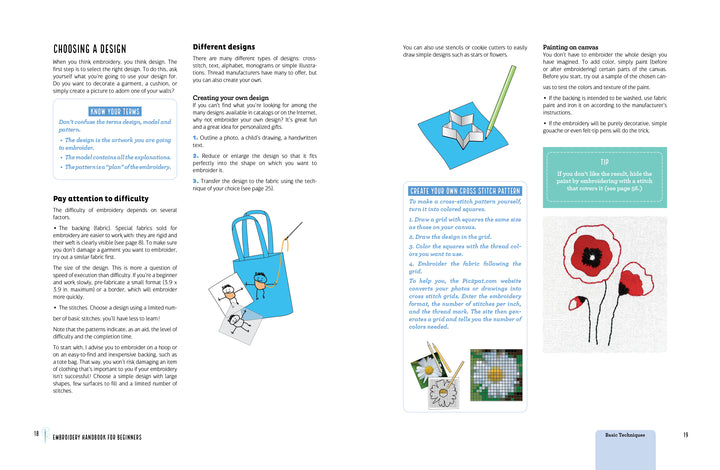 A spread from the Embroidery Handbook for Beginners by Schiffer Publishing, Ltd. showcases cross-stitch and embroidery guides, pattern tips, tote bag and floral examples, a color grid, and a red poppy project in progress.