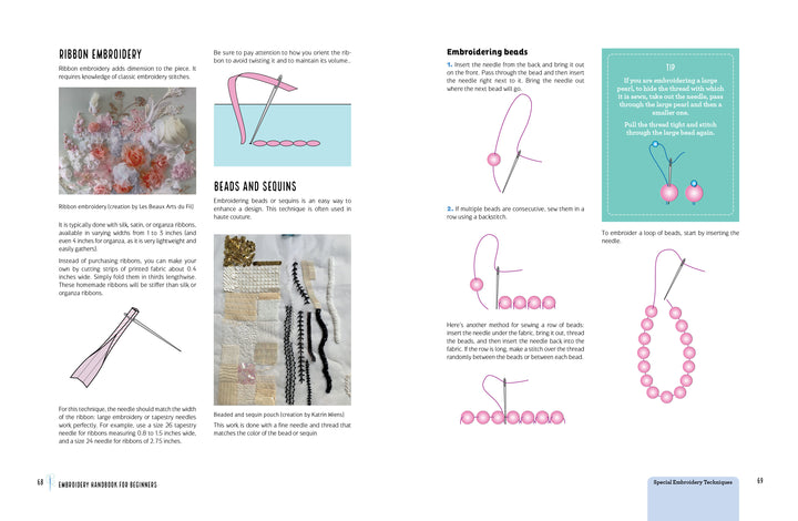 The Embroidery Handbook for Beginners by Schiffer Publishing, Ltd. features illustrated step-by-step guides, photos, and tips—including advice on collapsible beading needles—making it an ideal embroidery guide for learning new techniques.