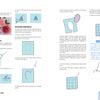 The Embroidery Handbook for Beginners by Schiffer Publishing, Ltd. is a two-page guide with diagrams, step-by-step text, a pink flower photo, and blue tip boxes showing stitches—all on crisp white backgrounds.