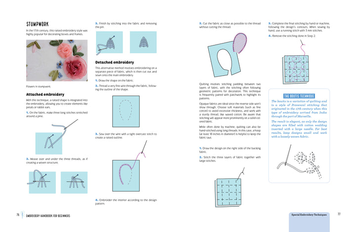 The Embroidery Handbook for Beginners by Schiffer Publishing, Ltd. is a two-page guide with diagrams, step-by-step text, a pink flower photo, and blue tip boxes showing stitches—all on crisp white backgrounds.