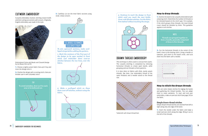 A two-page spread from Schiffer Publishing, Ltd.'s Embroidery Handbook for Beginners features step-by-step guides to cutwork and drawn thread embroidery, with diagrams, fabric photos, tools, and stitched samples in blue, white, and purple.
