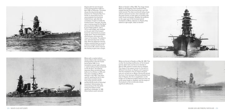 Nagato-Class Battleships by Schiffer Publishing, Ltd. features four black-and-white photos of Imperial Japanese Navy battleships, each showing gun turrets and superstructures at sea or in port, with explanatory text on a white background.