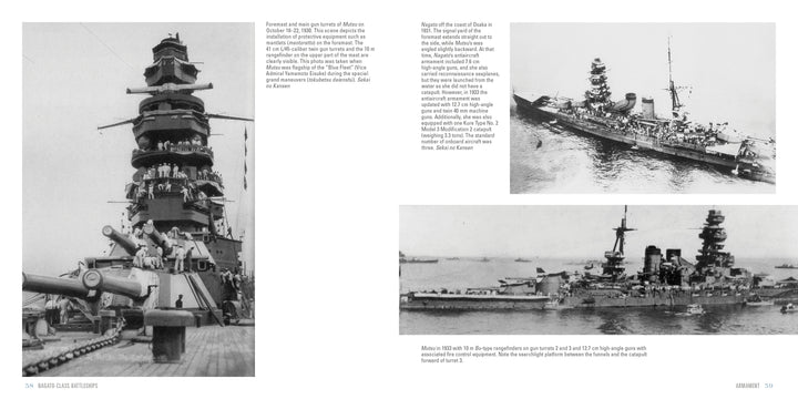 Schiffer Publishing, Ltd.’s "Nagato-Class Battleships" features three black-and-white photos: crew on deck, an aerial view at sea, and two IJN battleships anchored with smaller boats; each image includes descriptive text.