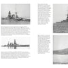 A two-page spread from Schiffer Publishing’s "Nagato-Class Battleships" features six black-and-white photos of Imperial Japanese Navy warships at sea or anchored, each with captions offering historical details and descriptions.