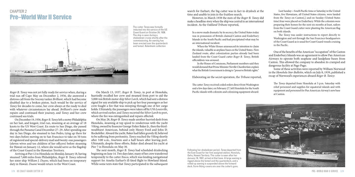 A two-page spread titled Pre-World War II Service showcases two black-and-white photos—one at sea, one docked—of the historic US Coast Guard Cutter 37 from Schiffer Publishing, Ltd., alongside several columns of historical text.
