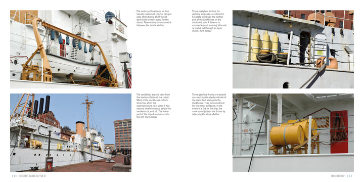 Four photos of the US Coast Guard Cutter 37’s deck show winches, cables, and drums. The ship, docked near brick buildings at Historic Ships in Baltimore, features yellow machinery on deck in bright daylight. Brand: Schiffer Publishing, Ltd.