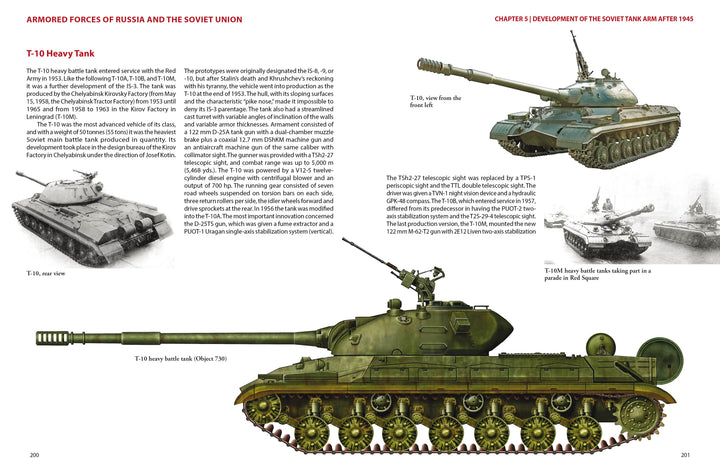 A page in "Armored Forces of Russia and the Soviet Union" by Schiffer Publishing, Ltd. features the Soviet T-10 heavy tank with a color side view, action shot, B/W photo, and detailed technical and historical info.