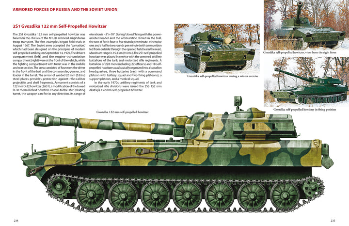 From Schiffer Publishing, Ltd.'s "Armored Forces of Russia and the Soviet Union," a 122 mm self-propelled howitzer appears in green-yellow-brown camo, with inset images showing it driving, at rest, and in firing position alongside feature details.