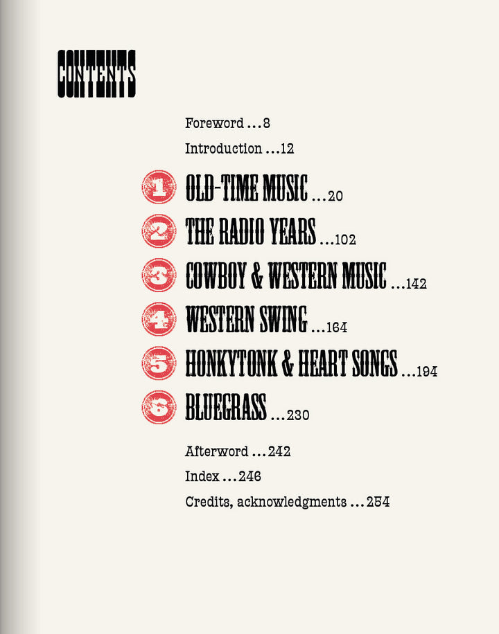 Table of contents page for Schiffer Publishing, Ltd.'s "Vintage Country," featuring bold section titles: Old-Time Music, The Radio Years, Cowboy & Western Music, Western Swing, Honkytonk & Heart Songs, Bluegrass—classic country’s spirit.