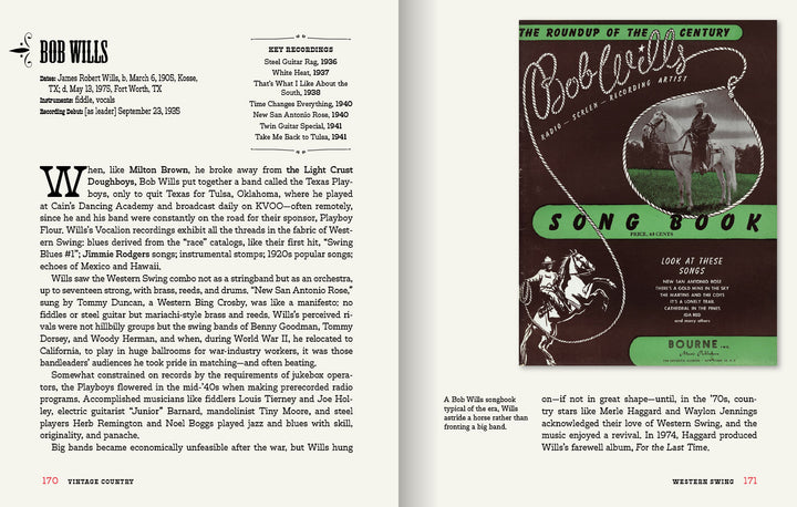 A two-page Vintage Country spread from Schiffer Publishing, Ltd. features Bob Wills’s biography and key songs on the left, with a vintage Bob Wills Song Book cover—showing a cowboy and musicians—on the right.