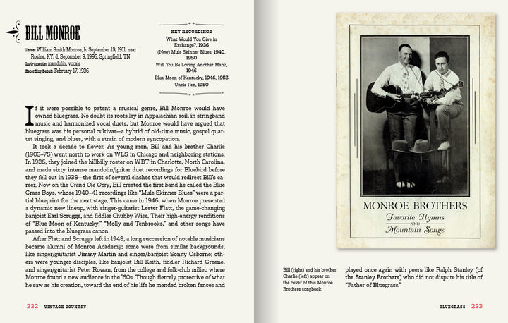 A two-page spread in "Vintage Country" from Schiffer Publishing, Ltd. spotlights Bill Monroe’s bio alongside a black-and-white photo of the Monroe Brothers with guitar and mandolin in this illustrated country music book.