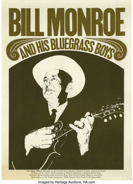 A Vintage Country poster by Schiffer Publishing, Ltd. features Bill Monroe in a suit and hat, playing mandolin, with bold text above reading "Bill Monroe and His Bluegrass Boys" in large stylized letters.