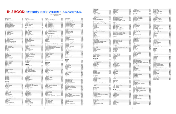 An index page from the Star Wars Super Collector's Wish Book, Vol. 1, 2nd Edition by Schiffer Publishing, Ltd., lists categories like collectibles guide, books, cars, Star Wars merchandise, clothing, food, and more with page numbers.