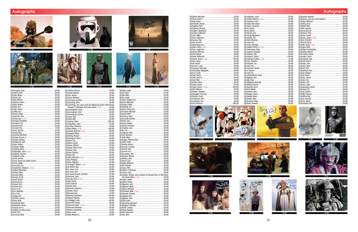 A two-page spread from the Star Wars Super Collector's Wish Book, Vol. 1, 2nd Edition by Schiffer Publishing, Ltd. lists autograph prices and names, with small celebrity photos in costume or signing along the right page's margins.