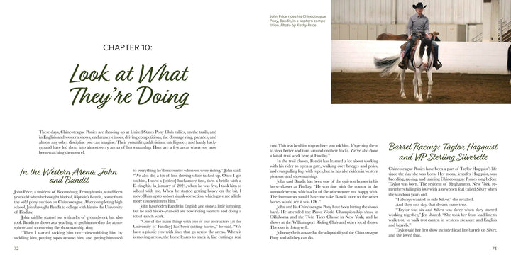 A magazine spread features a story about Chincoteague Ponies and Pony Penning from "Out of the Sea" by Schiffer Publishing, Ltd. The left page has text and a chapter title; the right page shows a rider guiding a horse in an arena.