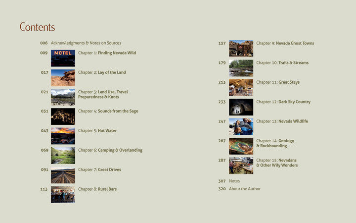 The "Finding Nevada Wild" table of contents features chapter titles on landscapes, wildlife, trails, ghost towns, geology, overlanding, rural bars, and sage country—each with a matching photo. Published by Schiffer Publishing, Ltd.