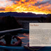 A person relaxes in an outdoor hot spring tub at sunset with mountains behind them. The right side features text about hot springs and "Finding Nevada Wild" from Schiffer Publishing, Ltd., set amid Nevada’s adventures and natural landscape.
