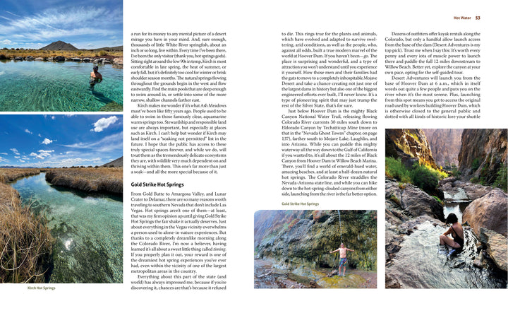 Two pages from "Finding Nevada Wild" by Schiffer Publishing, Ltd. show text and four photos of people exploring hot springs in rocky deserts—blue-green waters, rugged mountains, and the spirit of Nevada adventures on full display.