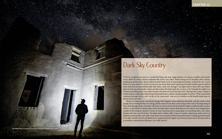 A person with a headlamp explores the stone ruins of a Nevada ghost town under the Milky Way, as featured in "Finding Nevada Wild" by Schiffer Publishing, Ltd., illustrating the chapter "Dark Sky Country.