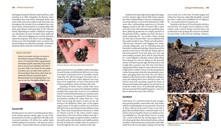 A magazine spread for "Finding Nevada Wild" by Schiffer Publishing, Ltd. features rockhounding tips, photos of people searching in nature, close-ups of garnet stones in hand, and rock specimens outdoors—inspiring Nevada adventures.