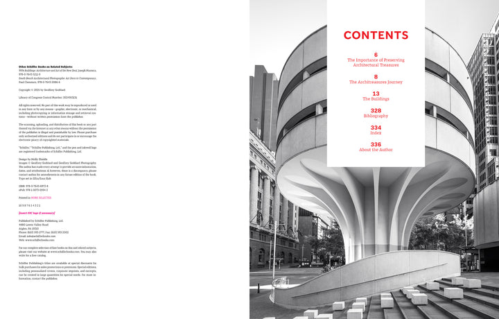 Black-and-white photo of the Guggenheim Museum entrance in NYC highlights iconic 20th-century design. "Architreasures" by Schiffer Publishing, Ltd. features a red and black contents list right, and copyright info left on white.