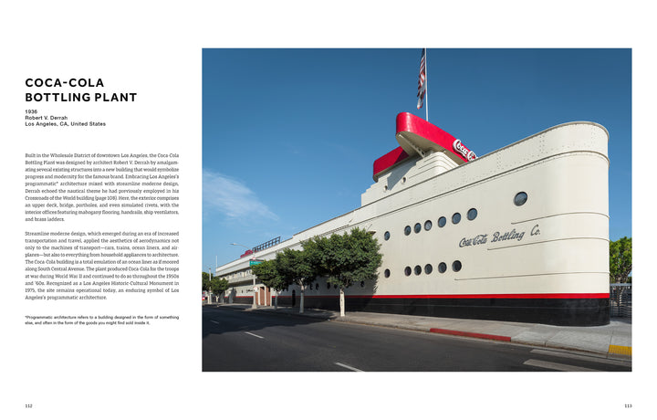 Photograph of the iconic Coca-Cola Bottling Plant in Los Angeles, featured in Architreasures by Schiffer Publishing, Ltd., with ocean liner-inspired design, rounded white walls, porthole windows, a Coca-Cola sign, and tree-lined sidewalk.