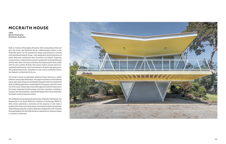 Discover "Architreasures" by Schiffer Publishing, Ltd.—a modernist house inspired by 20th-century architecture, featuring a butterfly roof, glass walls, wide balcony, and stilts amid trees and landscaped gardens beneath a clear sky.