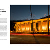 The cover of Architreasures by Schiffer Publishing, Ltd. features a modern bank with sweeping curtain-like panels, lit at dusk beside palm trees and mountains, parked cars in front, and descriptive text on the left.