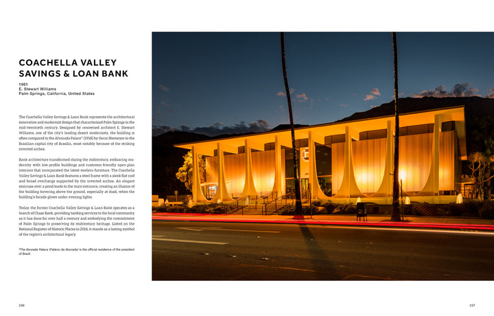 The cover of Architreasures by Schiffer Publishing, Ltd. features a modern bank with sweeping curtain-like panels, lit at dusk beside palm trees and mountains, parked cars in front, and descriptive text on the left.
